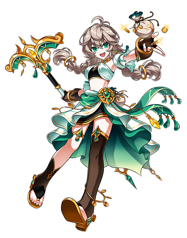 1girl ahoge armpits artist_request asymmetrical_legwear bare_shoulders belt boots braid brown_gloves brown_hair coin crop_top detached_sleeves elsword fingerless_gloves full_body gloves gold_coin greedy_wonder_(elsword) green_eyes hand_up holding holding_polearm holding_weapon lithia_beryl_(elsword) long_hair midriff navel official_art open_mouth polearm pouch sandals short_sleeves single_thighhigh skirt smile socks solo stirrup_legwear thighhighs third-party_source toeless_footwear toeless_legwear transparent_background twin_braids uneven_legwear weapon