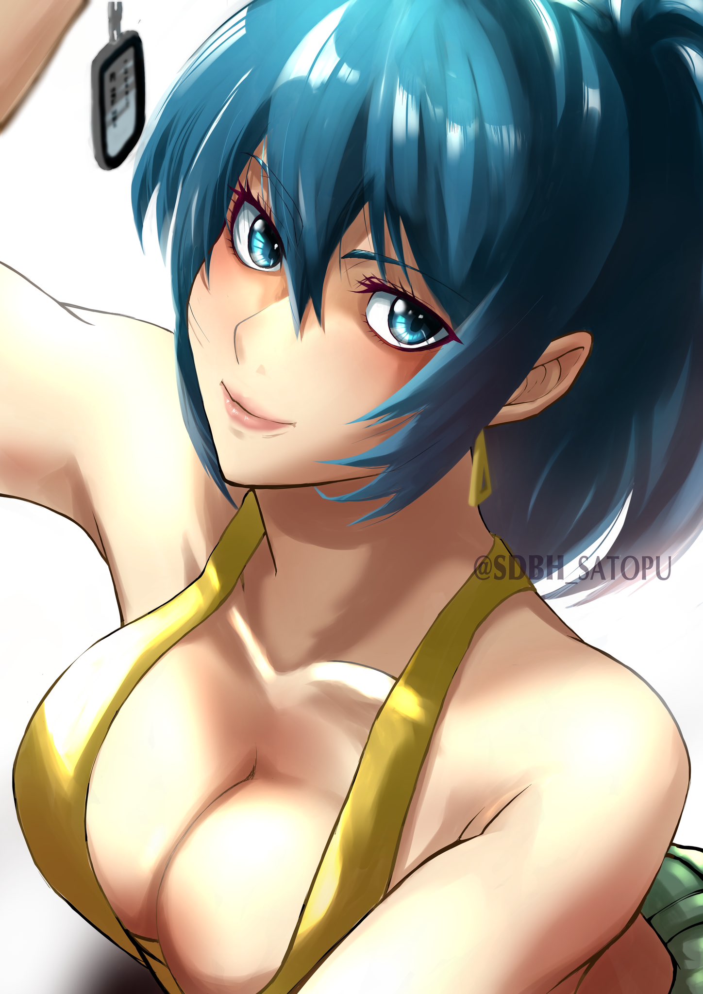 1girl bare_shoulders blue_eyes blue_hair breasts cleavage dog_tags earrings highres jewelry leona_heidern looking_at_viewer ponytail satopuu sleeveless smile soldier solo tank_top the_king_of_fighters the_king_of_fighters_xv triangle_earrings twitter_username yellow_tank_top