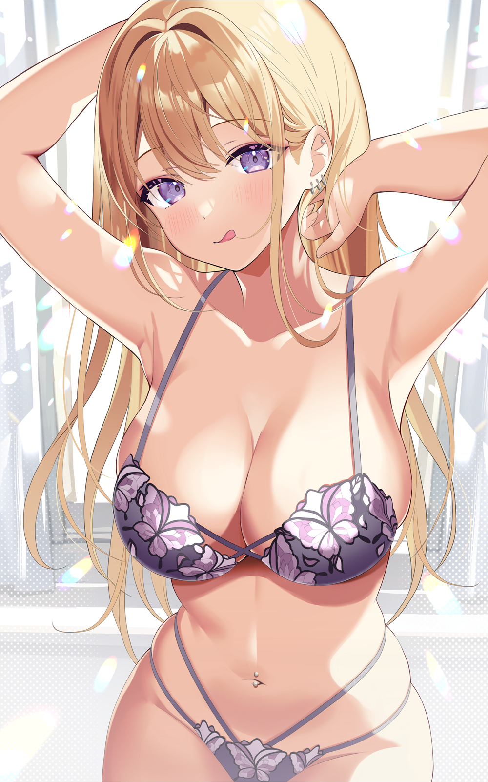 1girl :q arm_behind_head armpits arms_up bare_arms bare_shoulders blonde_hair bra breasts cleavage closed_mouth collarbone cowboy_shot earrings highres jewelry large_breasts lingerie long_hair looking_at_viewer motsunuki multi-strapped_panties navel navel_piercing original panties piercing purple_bra purple_eyes purple_panties skindentation smile solo standing stomach string_bra string_panties tongue tongue_out underwear underwear_only