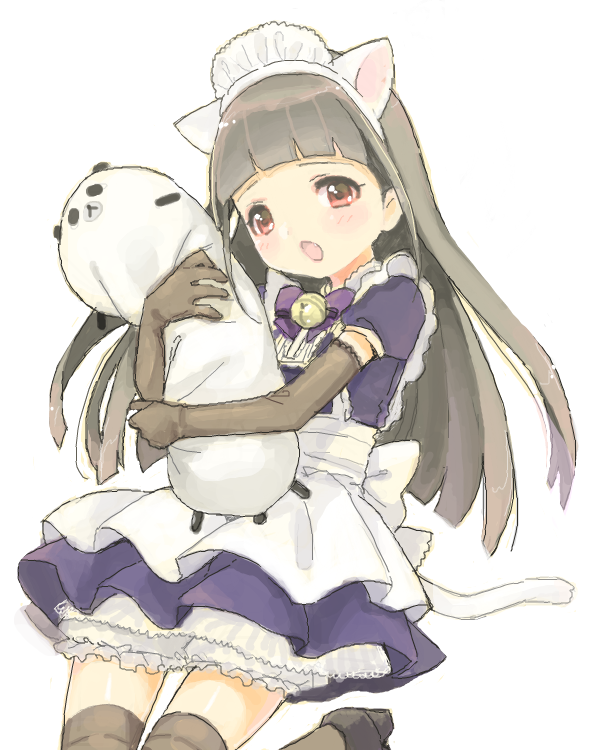 1girl :o animal_ears apron bad_drawr_id bad_id bell black_footwear bow bowtie brown_eyes brown_thighhighs cat_ears cat_tail character_request copyright_request cowboy_shot dress elbow_gloves fake_animal_ears frilled_dress frills gloves holding holding_stuffed_toy jingle_bell long_hair looking_at_viewer maid maid_headdress neck_bell oekaki open_mouth purple_bow purple_bowtie purple_dress simple_background skirt solo stuffed_toy tail thighhighs usashiro_mani white_apron white_background