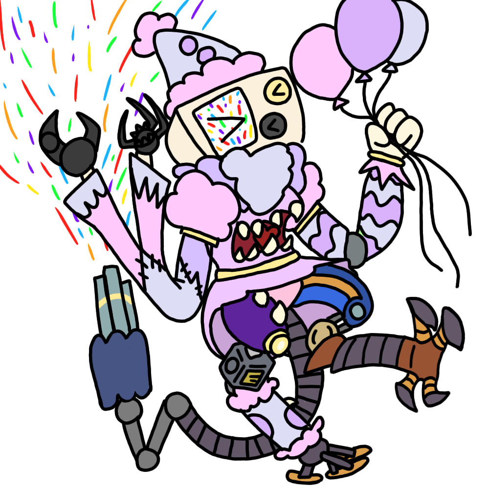 3_eyes 3_hands balloon bottomless clothed clothing clown confetti dress gun hat headgear headwear humanoid i11ogica1 inflatable machine multi_eye multi_hand pink_clothing ranged_weapon robot solo weapon