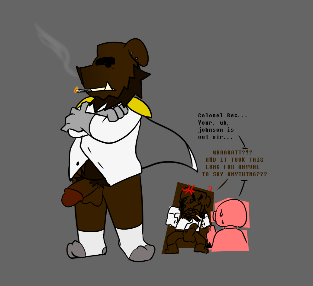 anthro clothing colonel_rex dialogue earthbound_(series) fan_character footwear genitals half_naked male mammal nintendo penis pigmask redshe3p sketch smoking socks solo suid suina sus_(pig) wild_boar