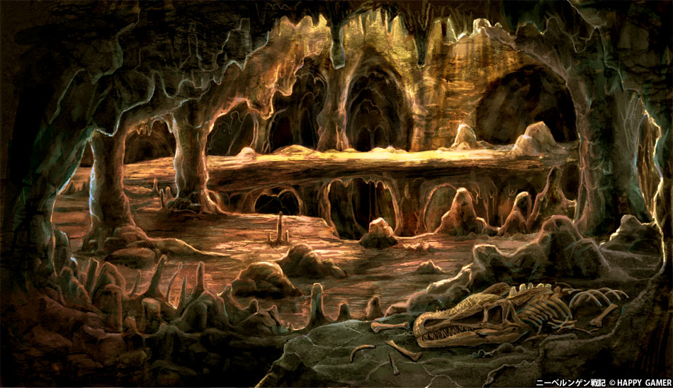 aki_(f1zakurod) animal_bones animal_skull bone cave_interior copyright_notice niberungen_senki no_humans official_art rock scenery sharp_teeth stalactite stalagmite teeth