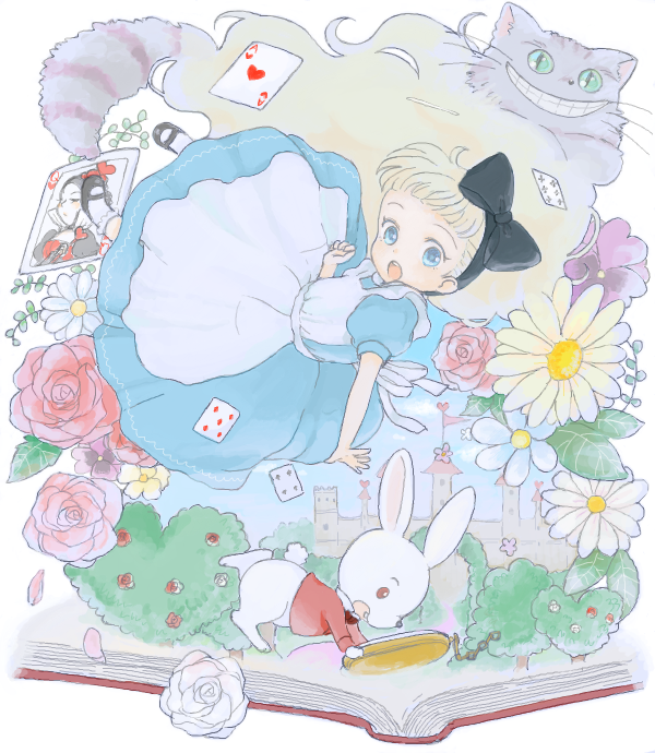 1girl 2girls :o alice_(alice_in_wonderland) alice_in_wonderland alternate_hairstyle apron bad_drawr_id bad_id black_bow blonde_hair blue_dress blue_eyes book border bow bush card castle cat cheshire_cat_(alice_in_wonderland) child cloud daisy dress falling flower green_eyes grin hair_bow hand_up heart leaf looking_at_viewer multiple_girls oekaki open_book open_mouth pink_flower pink_rose playing_card pocket_watch puffy_short_sleeves puffy_sleeves purple_flower queen_of_hearts_(alice_in_wonderland) rabbit red_flower red_rose rose short_hair short_sleeves sky slit_pupils smile solo teeth tree upper_teeth_only watch white_apron white_border white_flower white_rabbit_(alice_in_wonderland) white_rose yuu_(drawr)