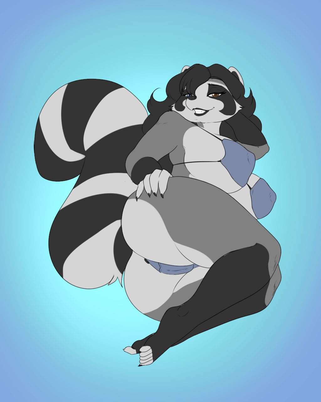 anthro big_breasts blackbetty bottomwear breasts butt clothed clothing female franciene_(tango's_family) fur hair hi_res looking_at_viewer mammal procyonid raccoon simple_background smile solo tail thick_thighs
