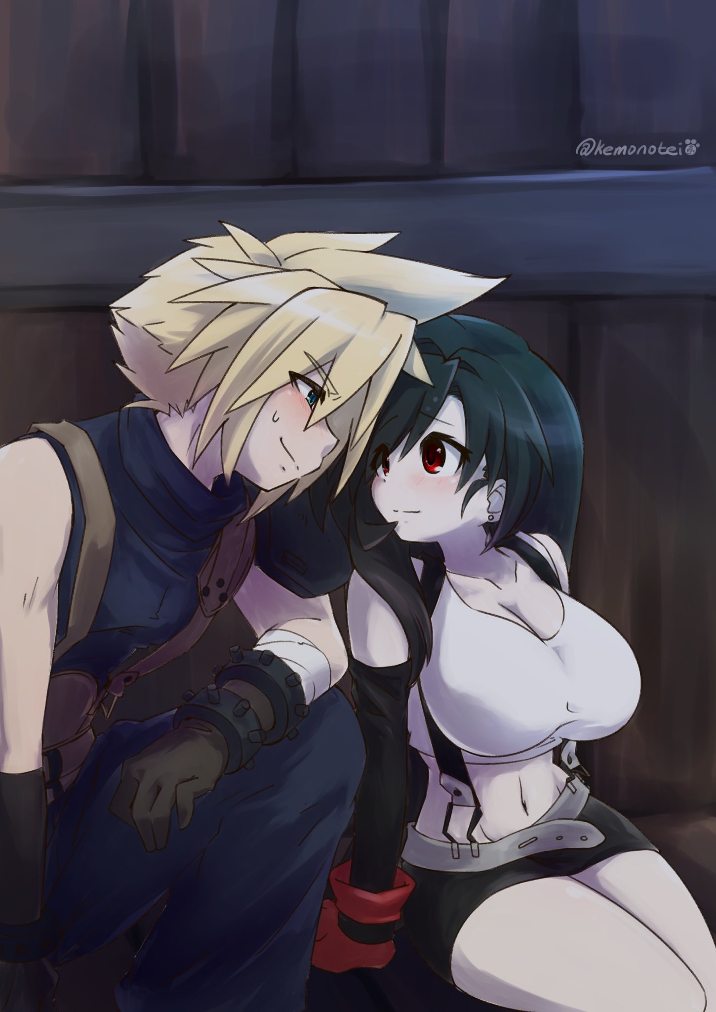 1boy 1girl armor baggy_pants bare_shoulders black_hair black_skirt black_sleeves blonde_hair blue_eyes blue_pants blue_sweater blush breasts brown_gloves chaotic_dragon cleavage closed_mouth cloud_strife commentary_request couple crop_top detached_sleeves earrings elbow_rest eye_contact feet_out_of_frame final_fantasy final_fantasy_vii final_fantasy_vii_ever_crisis forced_smile gloves highres jewelry large_breasts light_smile long_hair looking_at_another midriff miniskirt navel on_one_knee outdoors pants red_eyes red_gloves short_hair shoulder_armor single_earring sitting skirt sleeveless sleeveless_turtleneck spiked_hair suspender_skirt suspenders sweater tank_top tifa_lockhart turtleneck turtleneck_sweater twitter_username water_tank white_tank_top