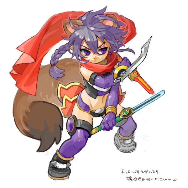1girl animal_ears bad_drawr_id bad_id braid cape character_request closed_mouth copyright_request crop_top dual_wielding elbow_gloves fighting_stance frown full_body gloves grey_footwear holding holding_sword holding_weapon navel oekaki purple_eyes purple_gloves purple_hair purple_thighhighs raccoon_ears raccoon_girl raccoon_tail red_cape shoes simple_background solo standing sword tail tanaka_pen thighhighs weapon white_background