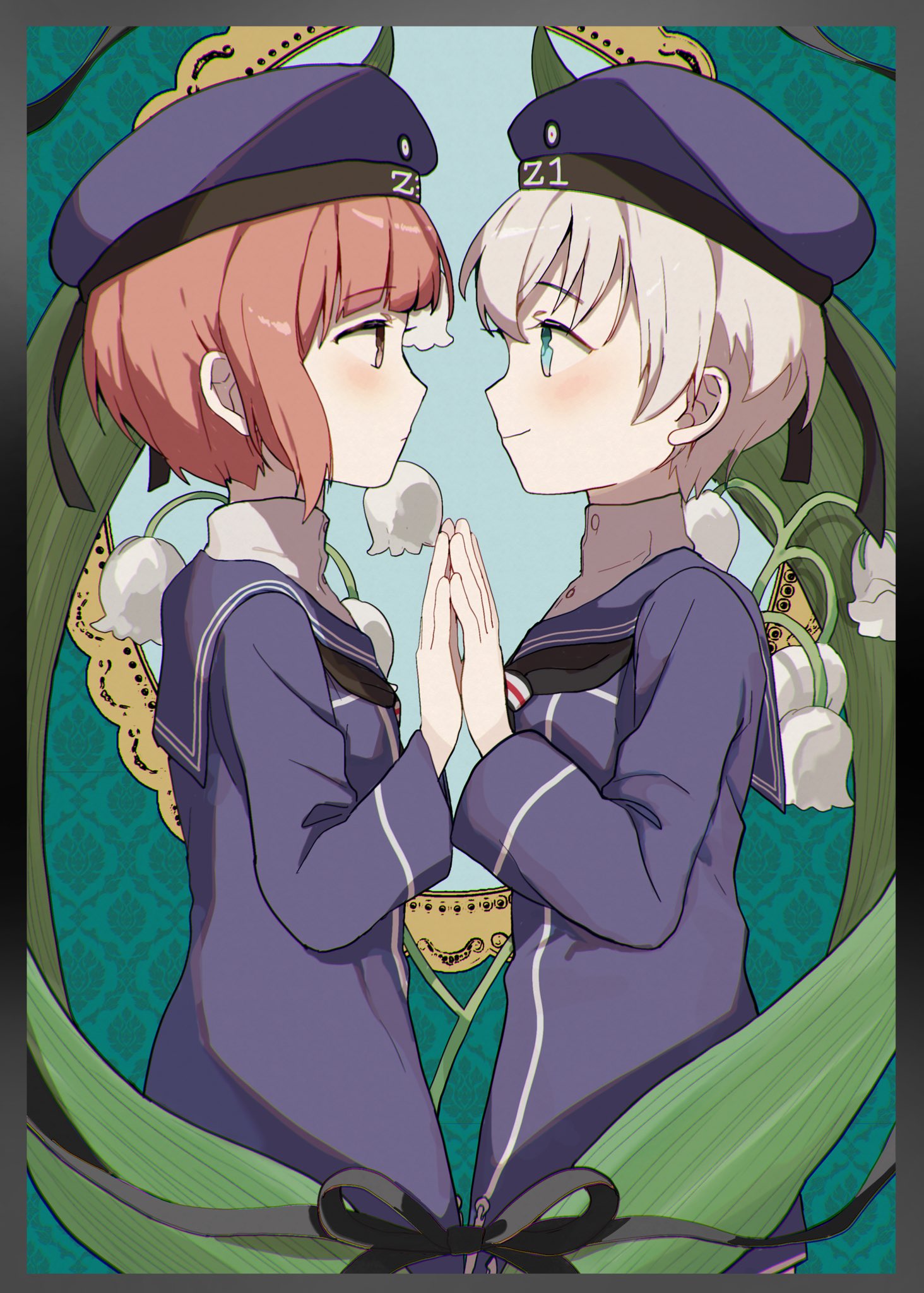 2girls black_dress black_headwear black_sailor_collar blonde_hair blue_eyes blush closed_mouth clothes_writing dress eye_contact flower hat highres kantai_collection lily_of_the_valley long_sleeves looking_at_another multiple_girls red_eyes red_hair sailor_collar sailor_dress sailor_hat shamomo short_hair smile white_flower z1_leberecht_maass_(kancolle) z3_max_schultz_(kancolle)