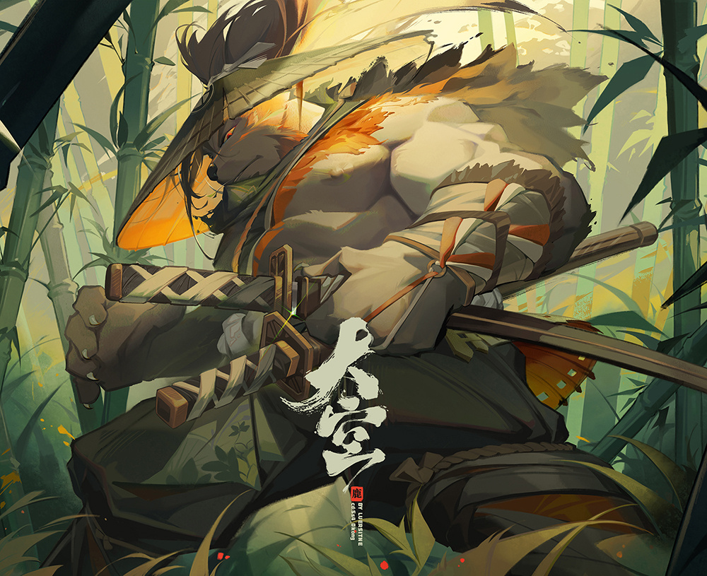 1boy abs bamboo bamboo_forest bara bear_boy beard chest_tuft facial_hair feet_out_of_frame fighting_stance forest full_beard furry furry_male hat large_hands large_pectorals long_hair luerstine male_focus mature_male muscular muscular_male nature nipples original pectorals ready_to_draw ronin solo standing strongman_waist sun_hat thick_beard thick_eyebrows topless_male very_long_hair