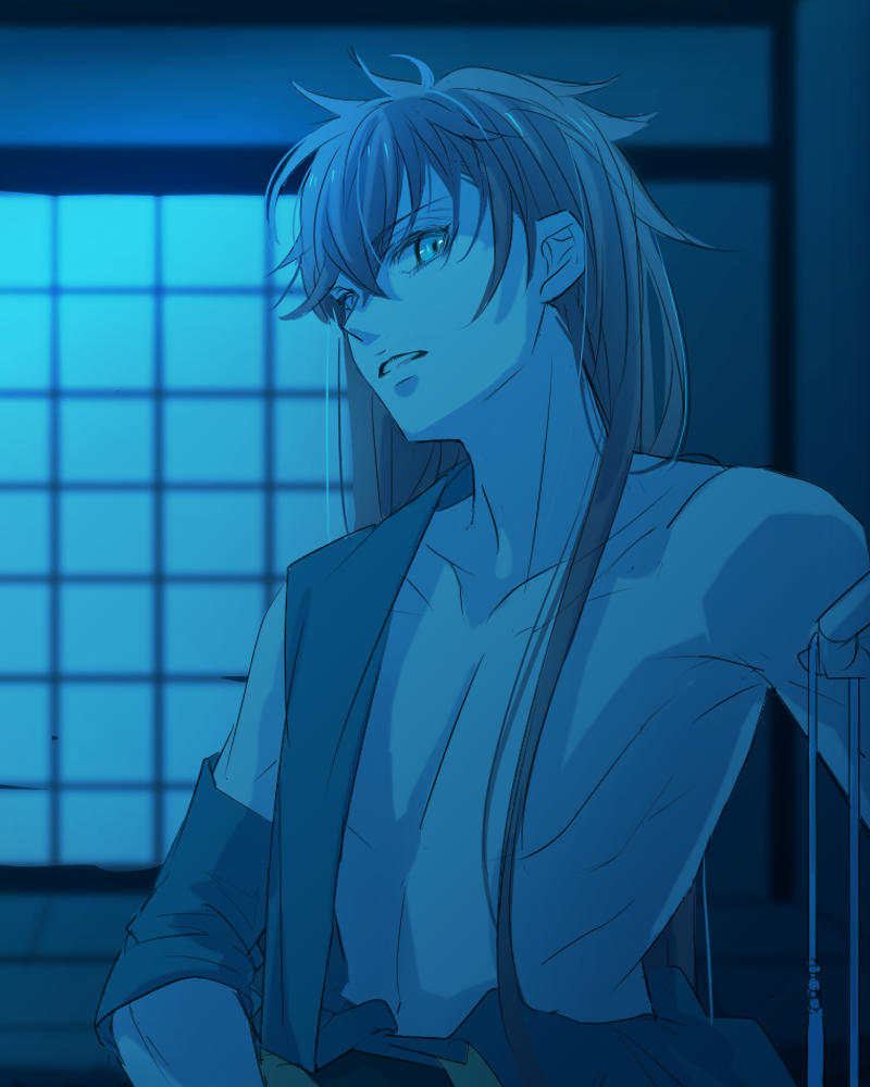 1boy bishounen blue_theme dressing hakuouki_shinsengumi_kitan indoors long_hair male_focus shouji sliding_doors toudou_heisuke_(hakuouki) very_long_hair yuuki_(yukko7474)