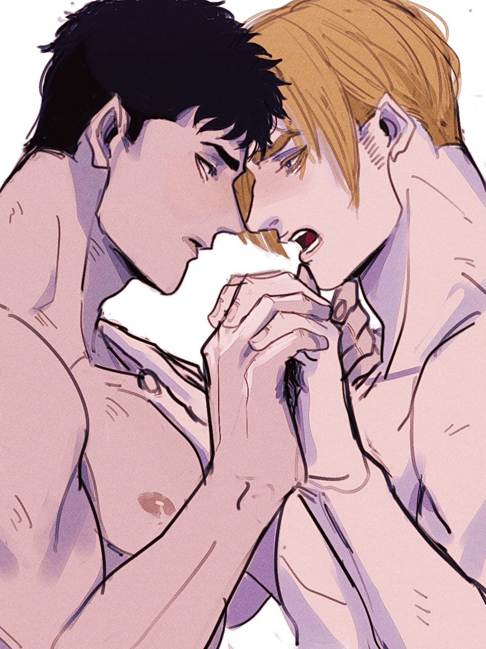 2boys ao_isami bara blonde_hair couple facial_hair forehead-to-forehead from_side heads_together highres holding_hands lewis_smith male_focus medium_sideburns multiple_boys music nipples nude pectorals pivoine0905 profile sideburns sideburns_stubble singing stubble thick_eyebrows toned toned_male upper_body yaoi yuuki_bakuhatsu_bang_bravern