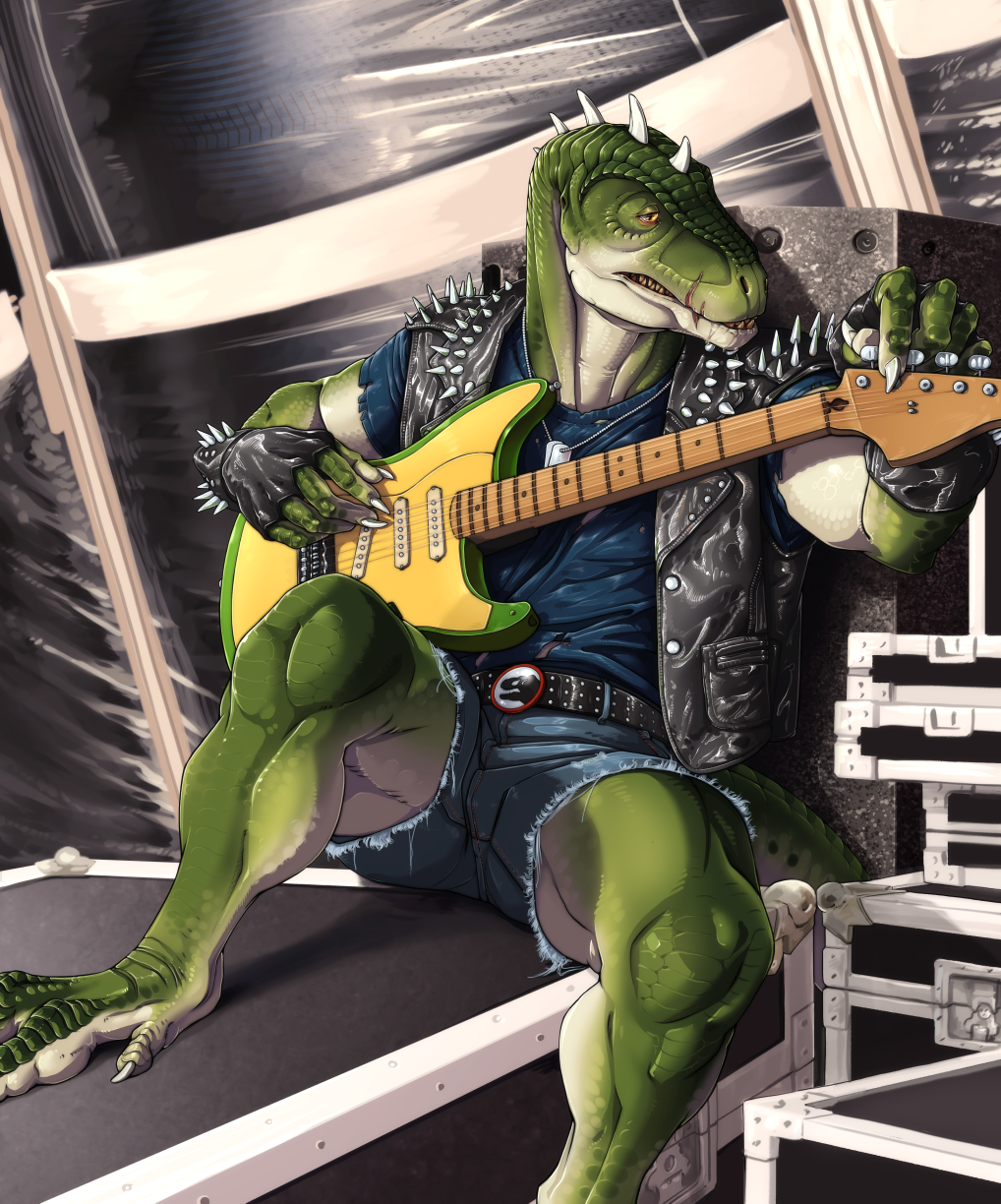 dinosaur guitar hi_res leather male musical_instrument musician plucked_string_instrument reptile scalie solo string_instrument theropod tyrannosaurid tyrannosaurus tyrannosaurus_rex
