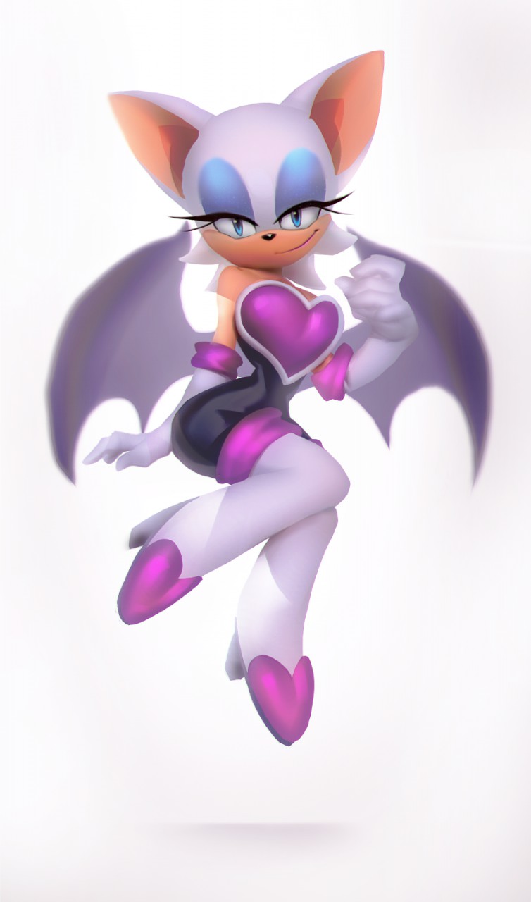 anthro black_clothing black_nose blue_eyes chiropteran closed_smile clothed clothing eyelashes female full-length_portrait fully_clothed glistening glistening_eyes grey_wings hi_res looking_at_viewer mammal membrane_(anatomy) membranous_wings mouth_closed portrait purple_clothing rouge_the_bat sega shermugi simple_background smile smirk solo sonic_the_hedgehog_(series) unsigned white_background white_body wings