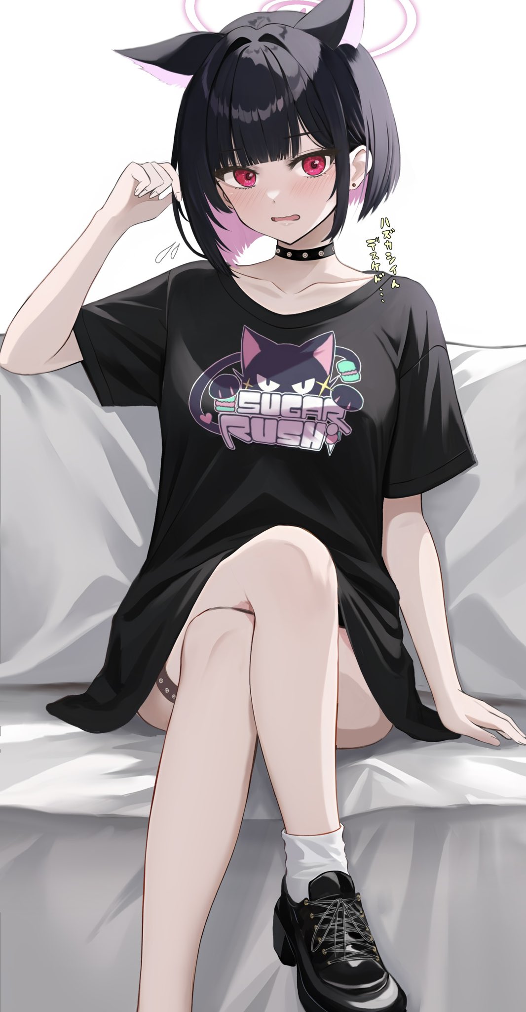 1girl animal_ears ass black_choker black_footwear black_hair black_shirt blue_archive blush cat_ears choker collarbone colored_inner_hair crossed_legs ear_piercing extra_ears flying_sweatdrops foot_out_of_frame halo highres kazusa_(blue_archive) multicolored_hair open_mouth piercing pink_hair pink_halo red_eyes ryouta_(ryouta335) shirt shoes short_hair short_sleeves socks solo translation_request white_socks