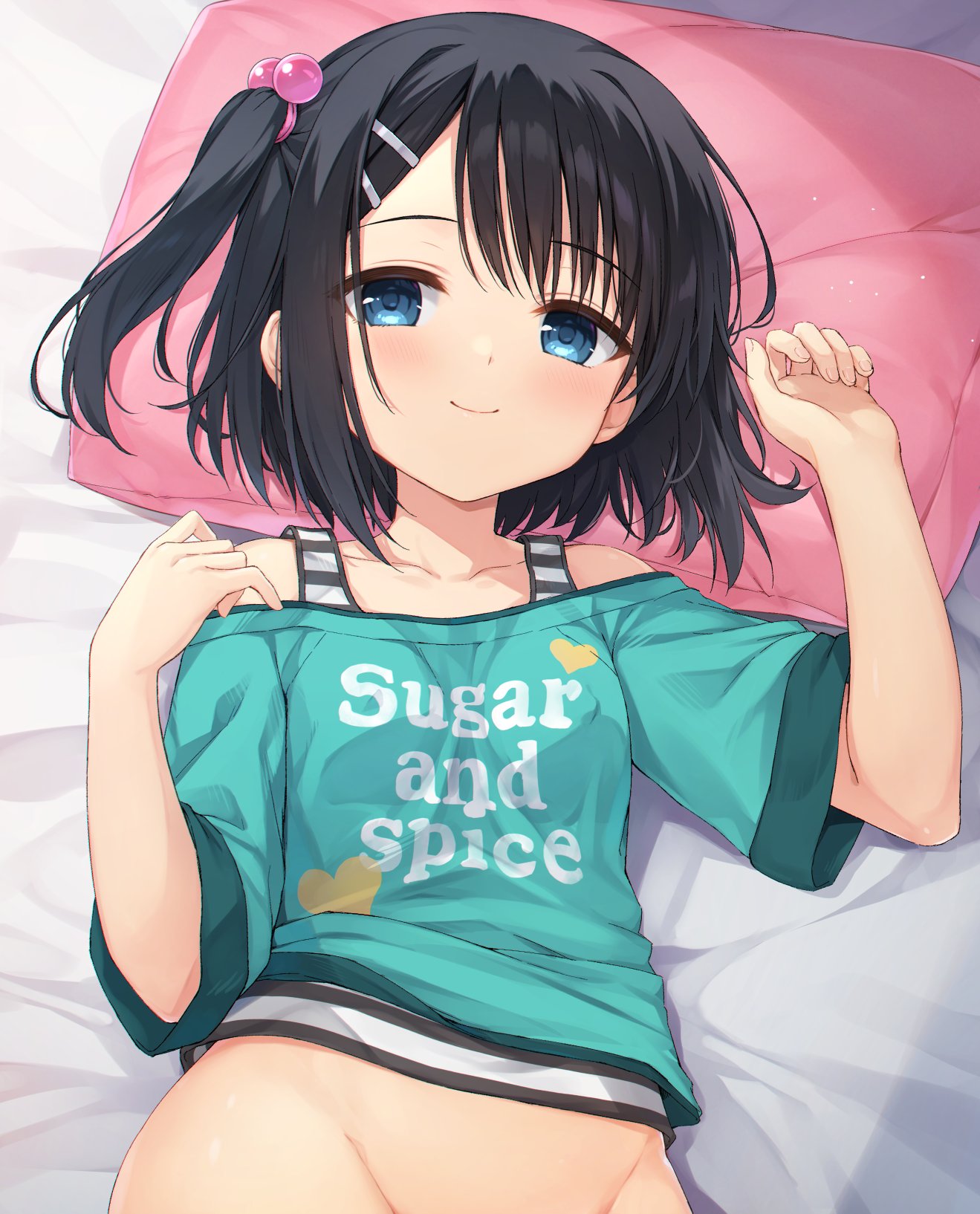 1girl aqua_shirt bare_shoulders bed_sheet black_hair blue_eyes blush breasts closed_mouth clothes_writing cofetaru collarbone commentary covered_nipples dracu-riot! english_text fingernails groin hair_between_eyes hair_bobbles hair_ornament hairclip hands_up head_on_pillow heart heart_print highres looking_at_viewer lying mera_azusa off-shoulder_shirt off_shoulder on_back one_side_up out-of-frame_censoring pillow pink_pillow shirt short_hair short_sleeves small_breasts smile solo tsurime upper_body wide_sleeves