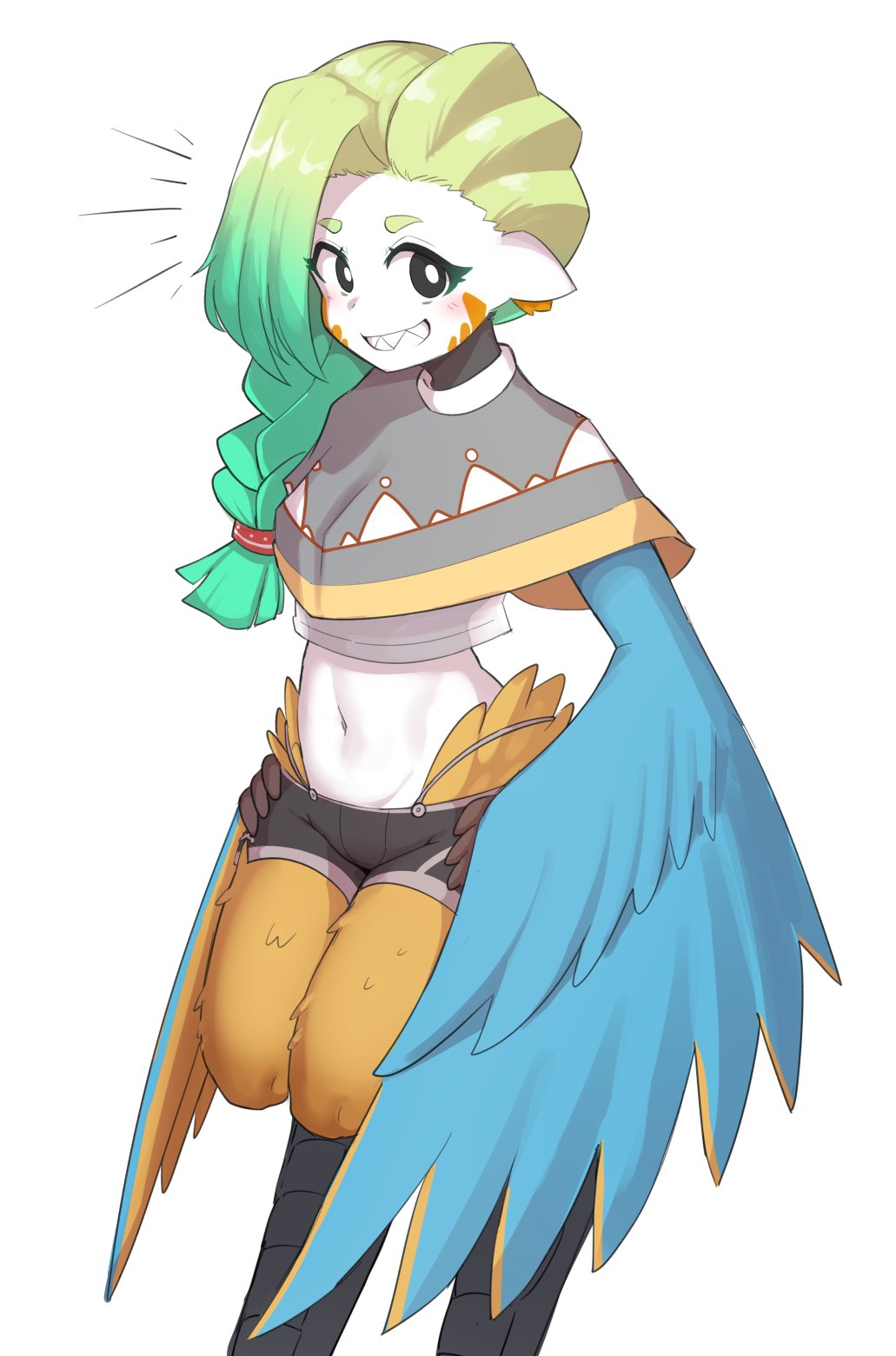 1girl animal_ears bird_ears bird_legs black_eyes black_shorts blue_feathers blue_wings blush borrowed_character braid bright_pupils commentary english_commentary facial_mark feathers gradient_hair green_hair grey_poncho hands_on_own_hips harpy highres long_hair looking_at_viewer mako_(eogks) midriff monster_girl multicolored_hair navel notice_lines orange_feathers orange_wings original sharp_teeth shorts sifserf simple_background single_braid skirt solo teeth two-tone_wings white_background white_pupils white_skirt winged_arms wings