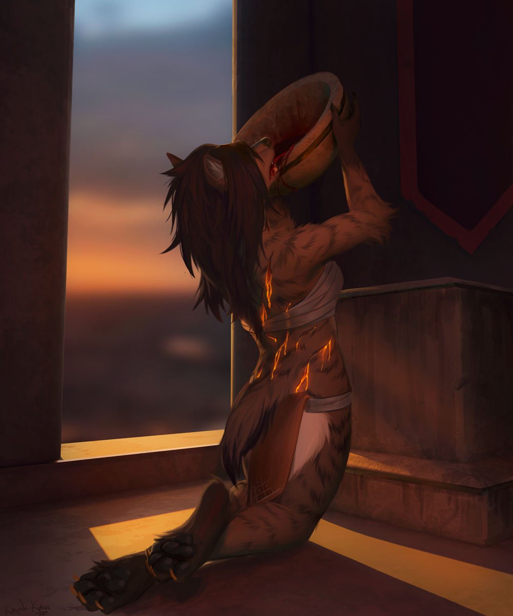 anthro blood bodily_fluids bottomwear bowl chest_wraps clothing container drinking female hi_res hyena inside kirena-kaya kneeling loincloth mammal pawpads paws ritual shadow solo wraps