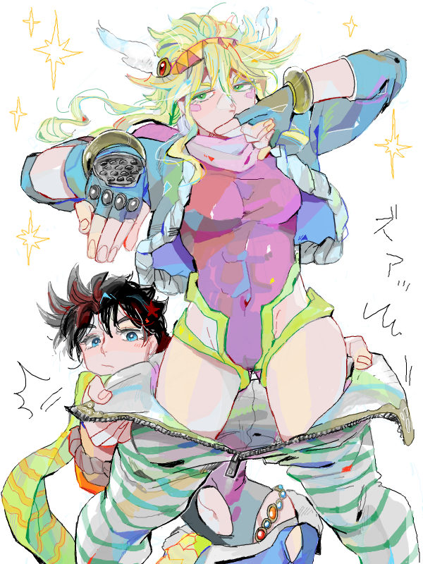 2girls armored_gloves bad_drawr_id bad_id battle_tendency beads black_hair blonde_hair blue_eyes blue_gloves blue_jacket breasts caesar_anthonio_zeppeli clothing_cutout covered_navel covering_own_mouth fingerless_gloves genderswap genderswap_(mtf) gloves green_eyes green_pants hairband hands_up heart_stickers jacket jojo_no_kimyou_na_bouken joseph_joestar joseph_joestar_(young) leotard long_hair long_sleeves looking_at_viewer looking_to_the_side mcr multiple_girls navel_cutout oekaki pants partially_undressed purple_leotard scarf short_hair small_breasts sparkle standing star_(symbol) striped_clothes striped_pants thighs undressing white_background white_wings winged_hat wings yellow_scarf yuri zipper zipper_pull_tab