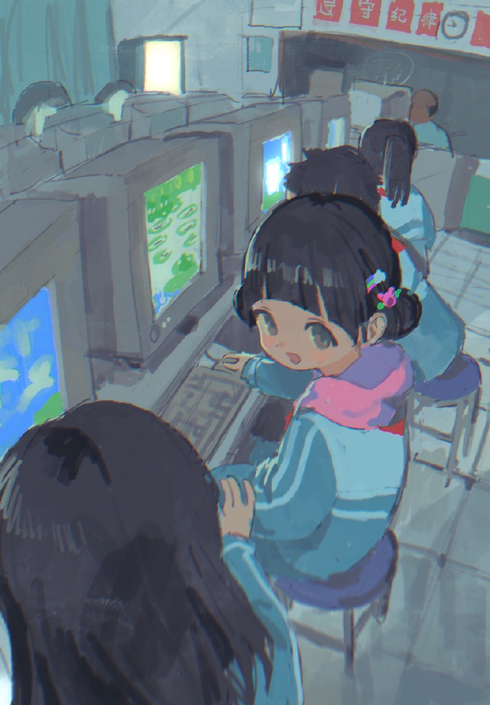2boys 3girls black_eyes black_hair blue_jacket blunt_bangs chalkboard child classroom clock commentary computer crt double_bun faceless faceless_male facing_away from_side hair_bun hood hood_down indoors jacket keyboard_(computer) long_hair long_sleeves looking_at_another looking_to_the_side mouse_(computer) multiple_boys multiple_girls on_stool original rainbow_hair_ornament red_medicine short_hair sitting solo_focus symbol-only_commentary teacher track_jacket wall_clock