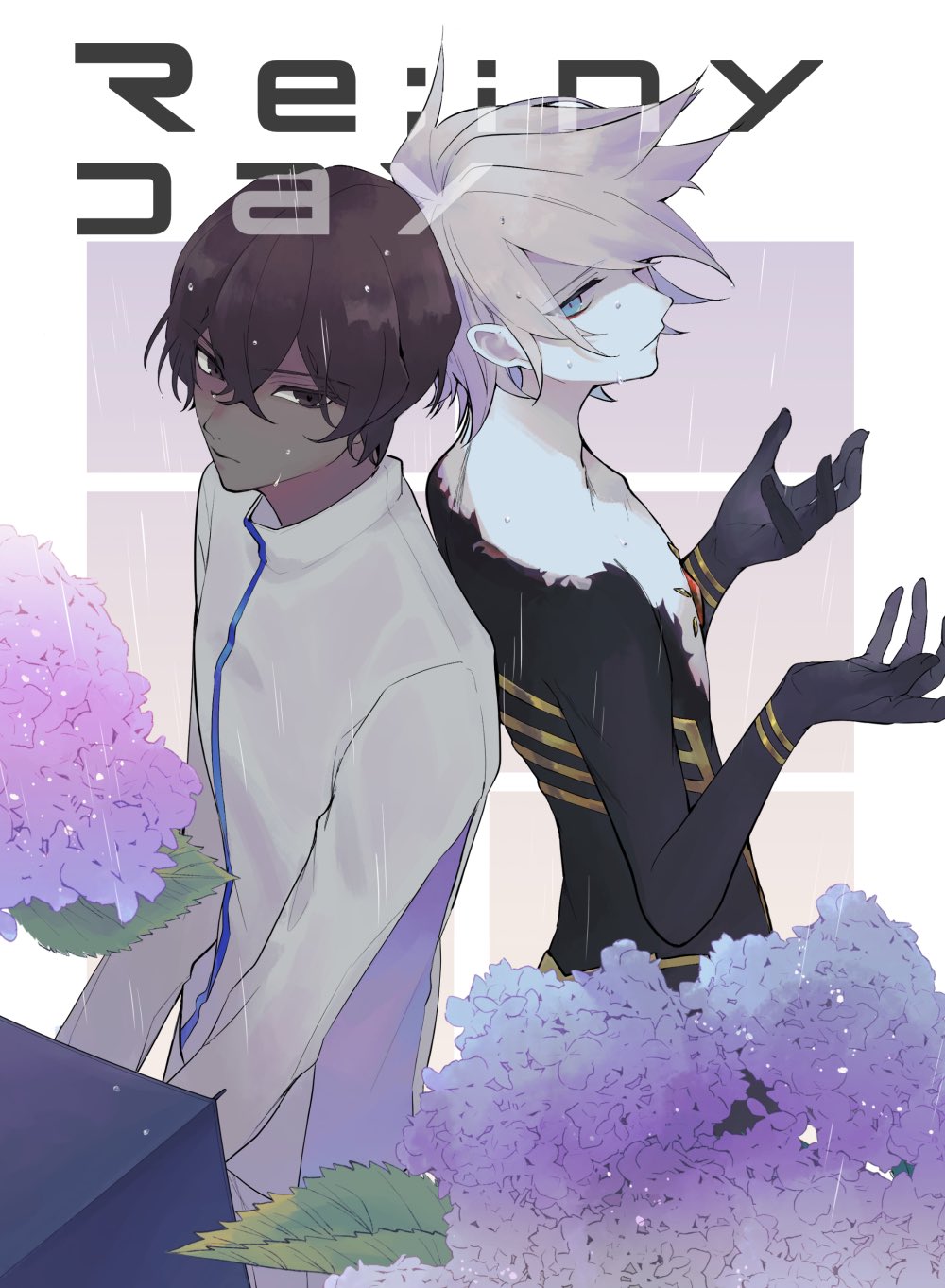 2boys arjuna_(fate) back-to-back bishounen black_hair blue_eyes brothers brown_eyes colored_skin commentary_request cover cover_page dark-skinned_male dark_skin doujin_cover english_text eyeshadow fate/grand_order fate_(series) flower highres holding holding_umbrella hydrangea indian_clothes karna_(fate) looking_at_another looking_at_viewer makeup male_focus multiple_boys pale_skin rain red_eyeshadow siblings standing umbrella wet wet_clothes wet_hair white_hair white_skin xso_ru