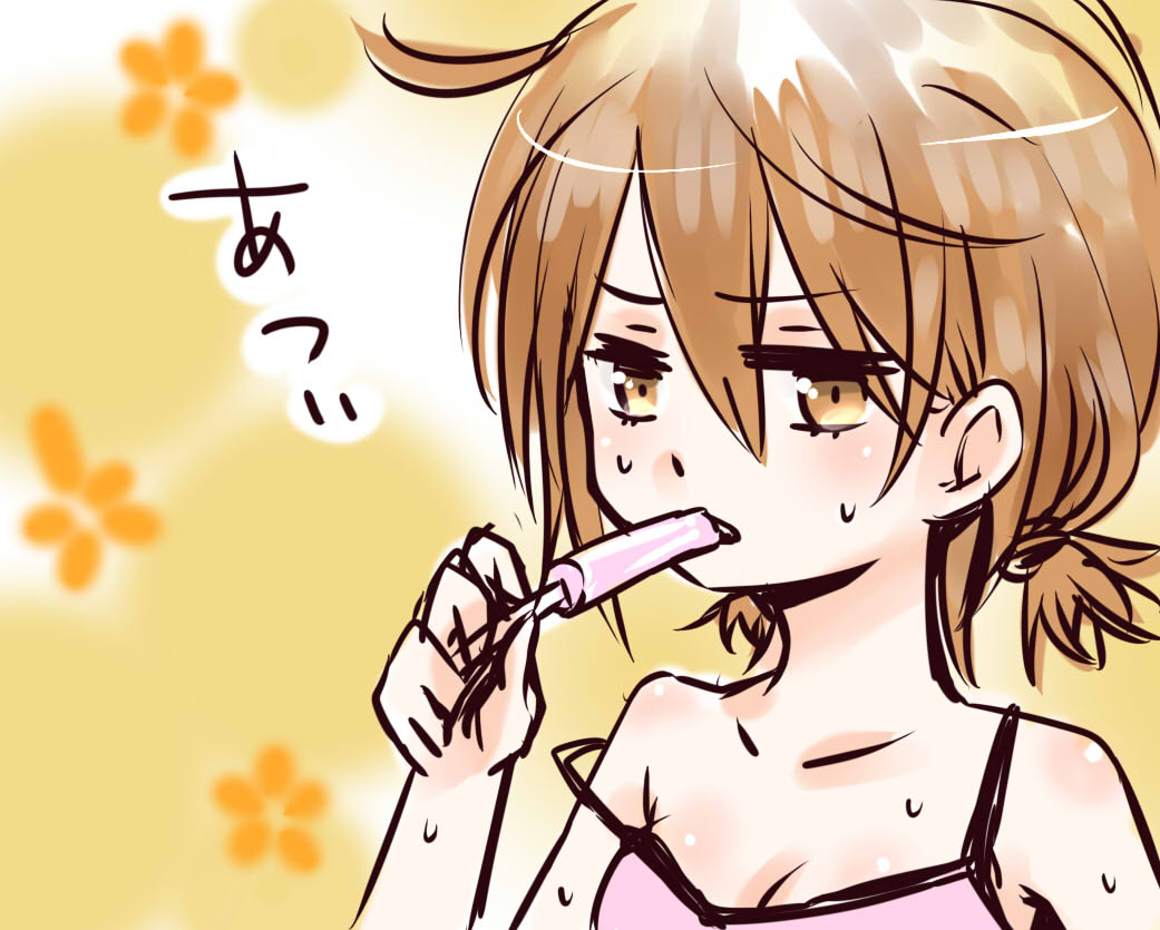 1girl bare_arms bare_shoulders breasts brown_eyes brown_hair cleavage commentary_request food hair_between_eyes hand_up holding holding_food holding_popsicle hot i.u.y light_blush medium_breasts medium_hair misaka_worst orange_background pink_tank_top popsicle profile solo sweat tank_top toaru_majutsu_no_index translation_request