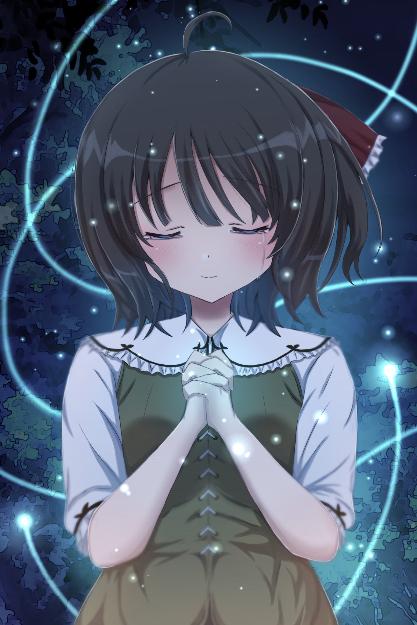 1girl ahoge amatsutsumi black_hair blush bug closed_eyes closed_mouth commentary_request crying facing_viewer firefly frills hair_between_eyes hands_up highres interlocked_fingers light_particles long_sleeves mahigu_re medium_hair minazuki_hotaru_(amatsutsumi) name_connection night outdoors own_hands_together praying shirt smile solo straight-on streaming_tears tears upper_body white_shirt