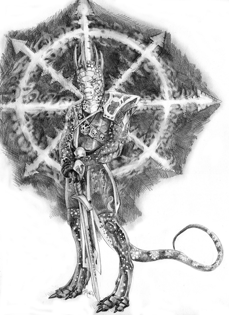 alexander_(glycolsardius) amulet anthro black_and_white bone chaos_cultist chaos_star clothing dragon hi_res jewelry lizard looking_at_viewer male melee_weapon monochrome necklace reptile scalie skull skull_necklace slushpuppy solo sword warhammer_(franchise) warhammer_40000 weapon white_on_black wingless_dragon