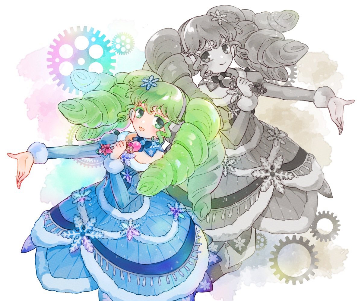 2girls blue_dress colored_eyelashes commentary_request cropped_legs detached_collar dress dual_persona falulu fur-trimmed_dress fur_trim gears green_eyes green_hair hair_ornament hand_up headphones holding holding_microphone idol_clothes jinno_(jin_c_kkry) long_hair long_sleeves looking_at_viewer microphone multiple_girls open_mouth outstretched_arm partially_colored pretty_series pripara sidelocks smile snowflake_hair_ornament snowflake_print standing twintails