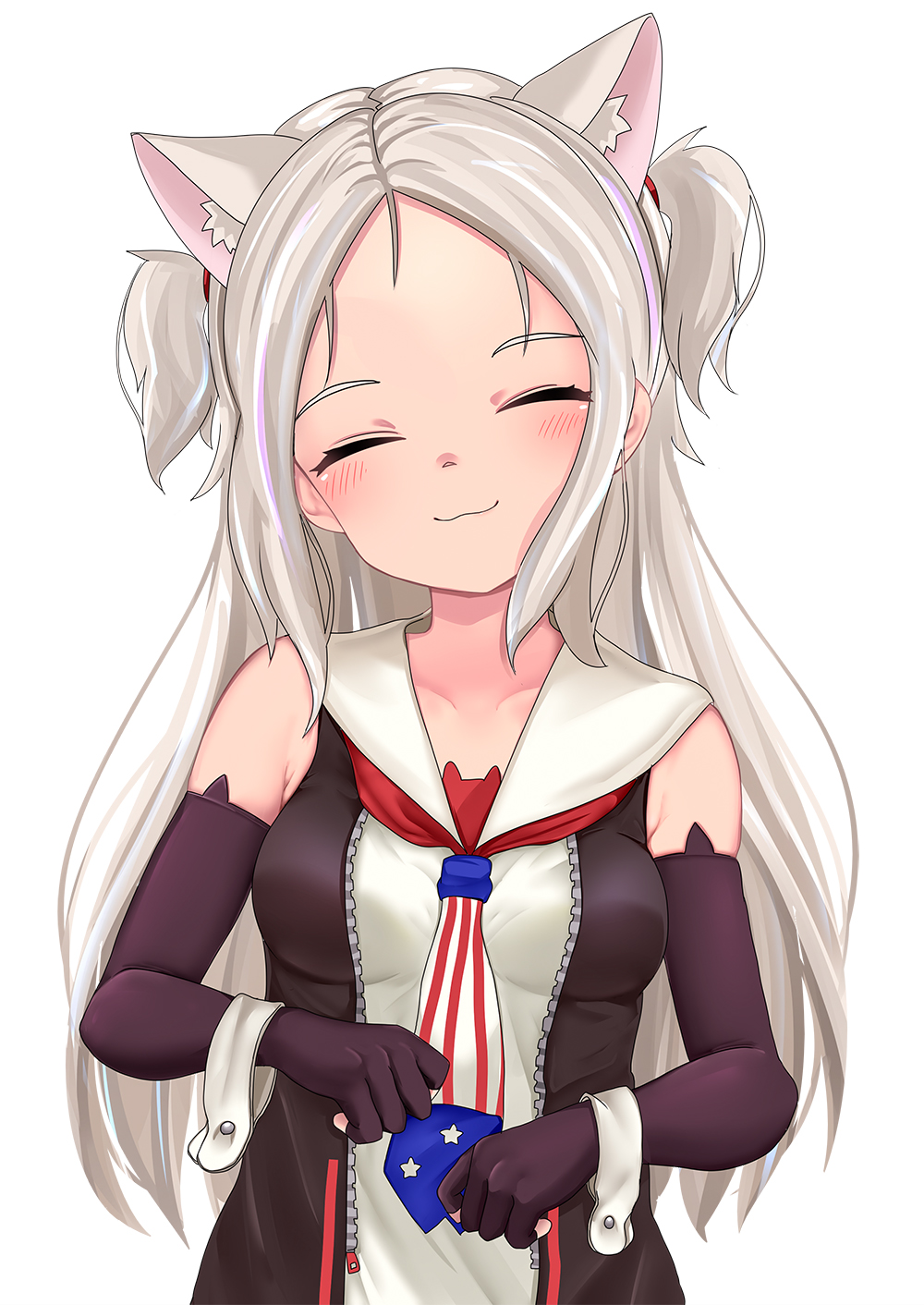 1girl :3 american_flag_neckwear animal_ears azur_lane between_breasts black_gloves black_vest blush breasts cat_ears cat_girl closed_eyes commentary_request curly_hair dedorudy dress elbow_gloves facing_viewer fingerless_gloves gloves hands_up happy highres long_hair medium_breasts necktie necktie_between_breasts open_clothes open_vest sims_(azur_lane) sleeveless sleeveless_dress small_breasts smile solo unzipped very_long_hair vest white_dress white_hair wrist_cuffs