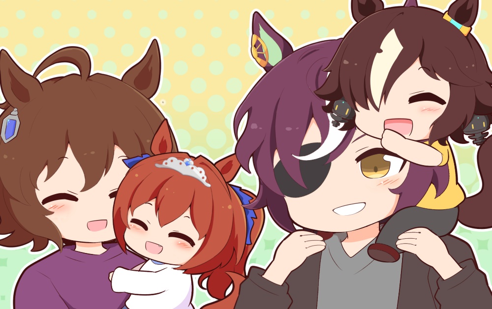 4girls :d ^_^ aged_down agnes_tachyon_(umamusume) ahoge animal_ears black_jacket black_pants blush_stickers brown_eyes brown_footwear brown_hair carrying chibi closed_eyes daiwa_scarlet_(umamusume) eyepatch gomashio_(goma_feet) gradient_background green_background grey_shirt hair_between_eyes hair_over_one_eye halftone halftone_background horse_ears horse_girl horse_tail jacket long_hair multicolored_hair multiple_girls open_clothes open_jacket pants purple_hair purple_shirt shirt shoe_soles shoes short_hair shoulder_carry smile streaked_hair tail tanino_gimlet_(umamusume) twintails two-tone_hair umamusume vodka_(umamusume) white_hair white_shirt yellow_background yellow_shirt