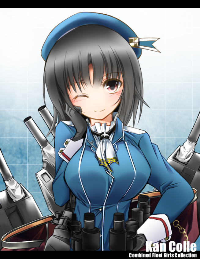 1girl adapted_turret beret black_gloves black_hair blue_background blush breasts cannon checkered_background copyright_name gloves gradient_background hat kantai_collection koneko_(purinkypix) large_breasts looking_at_viewer machinery military_uniform red_eyes rigging short_hair skirt smile solo takao_(kancolle) turret uniform upper_body