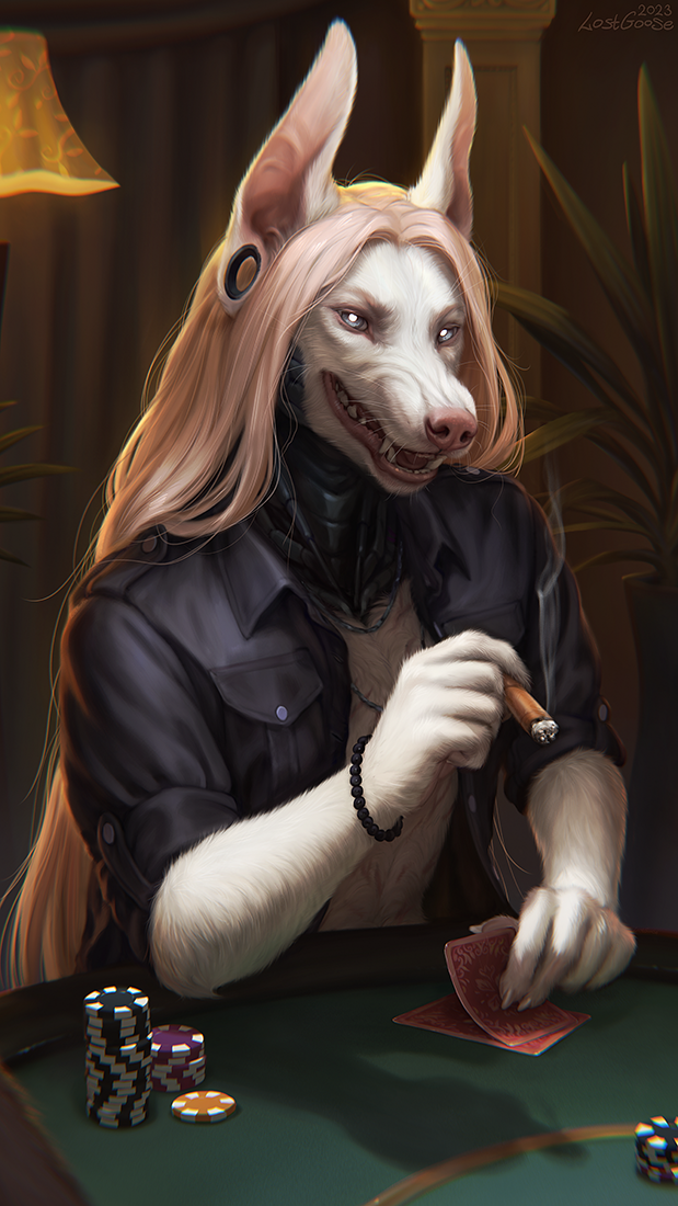 albino anthro black_clothing black_shirt black_topwear bracelet canid canine card cigar clothing cropped_ears fangs grin hair jewelry long_hair lostgoose male mammal metall neck_prosthetic open_mouth plant poker poker_chip poker_table prosthetic shirt smile smoking teeth topwear tunnels white_hair