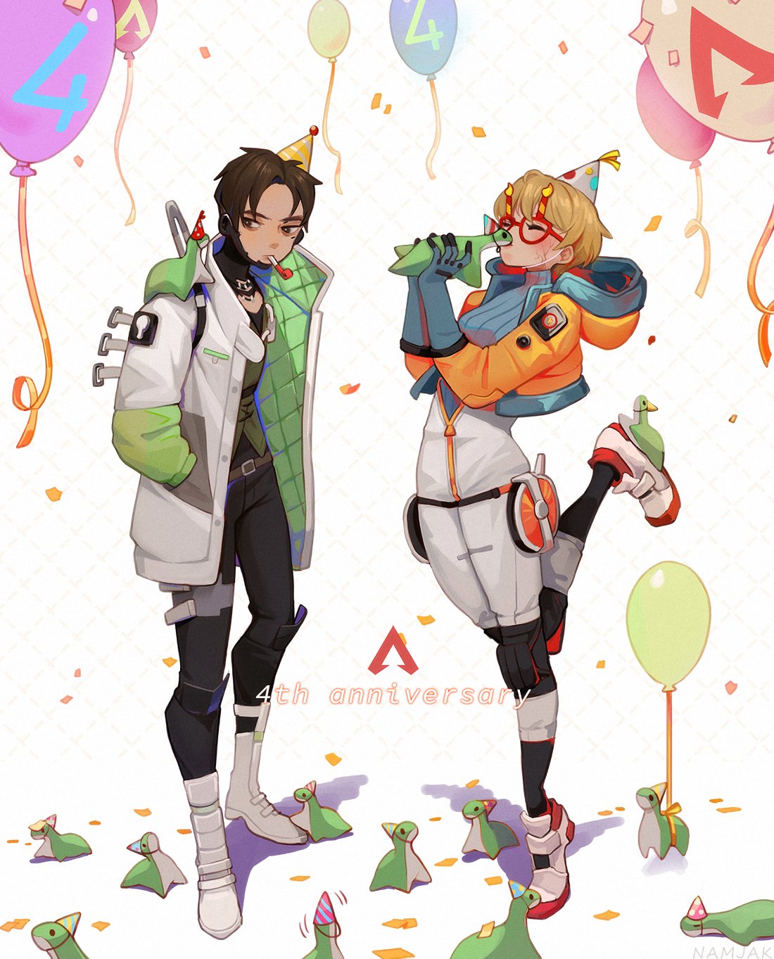 1boy 1girl anniversary apex_legends balloon belt black_pants black_shirt blonde_hair blue_sweater blush bodysuit boots brown_belt crypto_(apex_legends) full_body glasses green_vest hat highres hood hood_down hooded_coat jacket kissing_object knee_pads namjak nessie_(respawn) orange_jacket pants party_hat party_horn ribbed_sweater scar scar_on_cheek scar_on_face shirt shoes short_hair sneakers standing standing_on_one_leg sweater vest wattson_(apex_legends) white_bodysuit white_footwear white_jacket