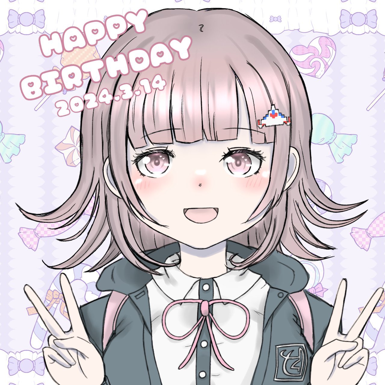 1girl :d black_jacket blush breasts candy candy_cane candy_wrapper collared_shirt danganronpa_(series) danganronpa_2:_goodbye_despair dated double_v dress_shirt food happy_birthday heart highres hood hood_down impossible_ribbon jacket large_breasts nanami_chiaki neck_ribbon pink_eyes pink_ribbon ribbon shirt smile solo spaceship_hair_ornament v yuka_(omasai031)