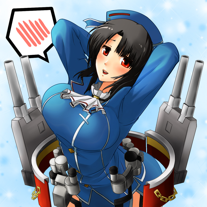 1girl arms_behind_head ascot beret black_gloves black_hair blue_headwear blush breasts cloud cloudy_sky day garter_straps gloves hat heart jacket kantai_collection large_breasts long_hair looking_at_viewer machinery mice_(sake_nomitai) military military_uniform open_mouth red_eyes rigging short_hair skirt sky smile solo takao_(kancolle) thighhighs uniform