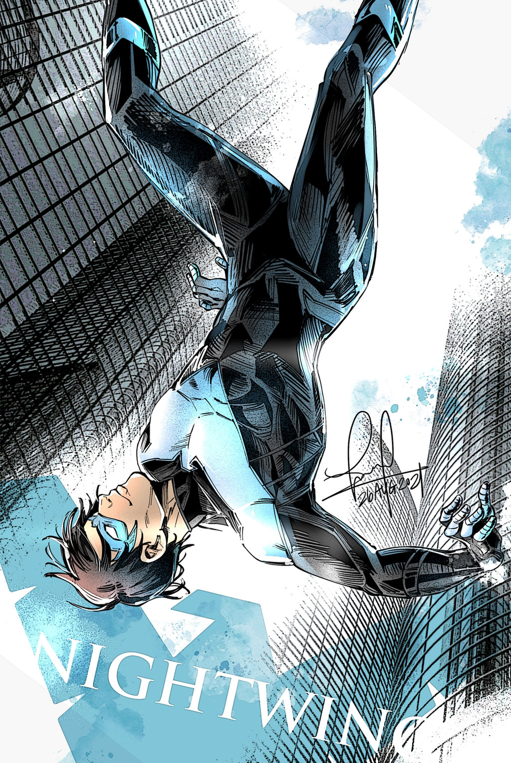 1boy artist_name batman_(series) black_hair bodysuit cityscape dc_comics dick_grayson domino_mask english_text highres male_focus mask nightwing solo superhero_costume two-tone_bodysuit western_comics_(style) zee_delgado