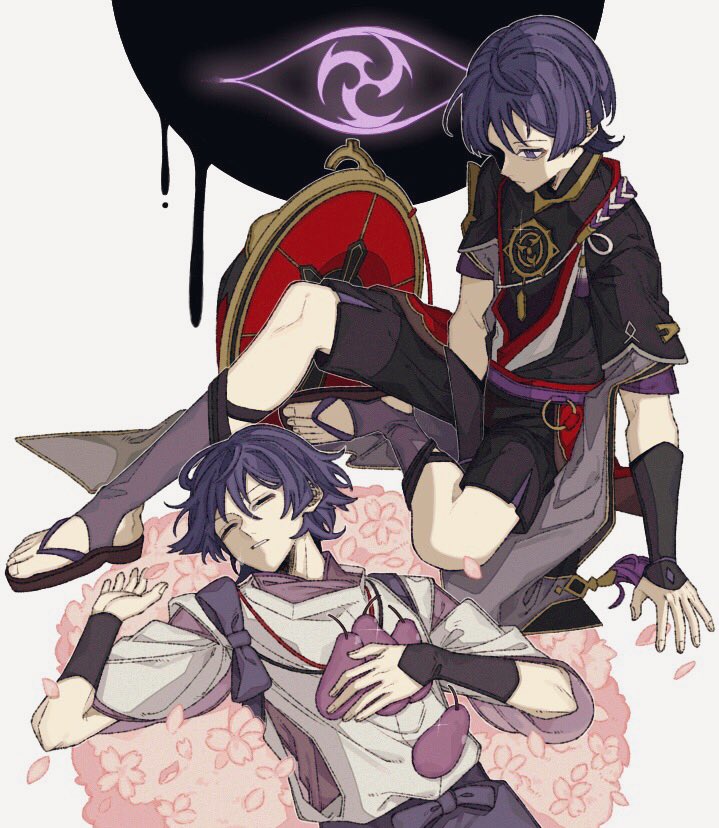 2boys arm_support armor black_background black_shirt black_shorts bow cherry_blossoms closed_eyes closed_mouth commentary_request flower food frown fruit genshin_impact hair_between_eyes hand_up hat holding holding_food holding_fruit japanese_armor japanese_clothes jewelry jingasa kimono kote kurokote lavender_melon_(genshin_impact) layered_sleeves lira_(zag3w) long_hair looking_at_another looking_down lying male_focus multiple_boys necklace on_back parted_lips petals pink_flower purple_bow purple_eyes purple_hair purple_kimono red_headwear rope sandals sash scaramouche_(genshin_impact) scaramouche_(kabukimono)_(genshin_impact) shirt short_hair short_sleeves shorts sidelocks simple_background sitting sleeping sparkle tassel unworn_hat unworn_headwear very_long_hair vest white_background white_vest