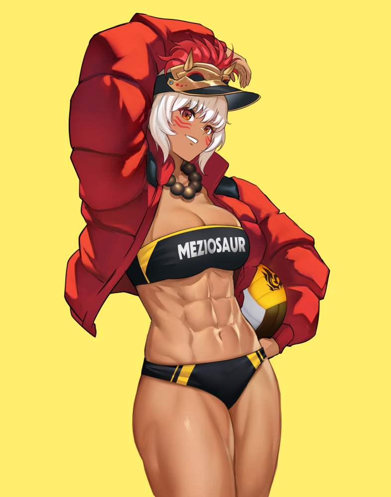 1girl abs alternate_costume arm_up artist_name ball bandeau bead_necklace beads breasts cleavage clothes_writing commentary cowboy_shot dark_skin facial_mark fire_emblem fire_emblem_fates grin head_tilt holding holding_ball jacket jewelry large_breasts meziosaur midriff navel necklace open_clothes open_jacket orange_eyes red_jacket rinkah_(fire_emblem) short_hair simple_background smile solo standing stomach strapless thighs tube_top visor_cap volleyball whisker_markings white_hair yellow_background