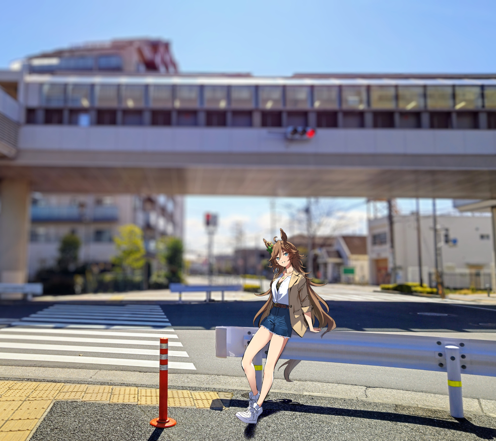 1girl against_railing ahoge animal_ears aqua_eyes belt blurry blurry_background breasts brown_hair brown_jacket denim denim_shorts full_body horse_ears horse_girl horse_tail jacket long_hair looking_at_viewer misu_kasumi mr._c.b._(umamusume) open_clothes open_jacket photo_background railing shadow shirt shirt_tucked_in shoes shorts small_breasts smile sneakers solo standing tail umamusume white_footwear white_shirt