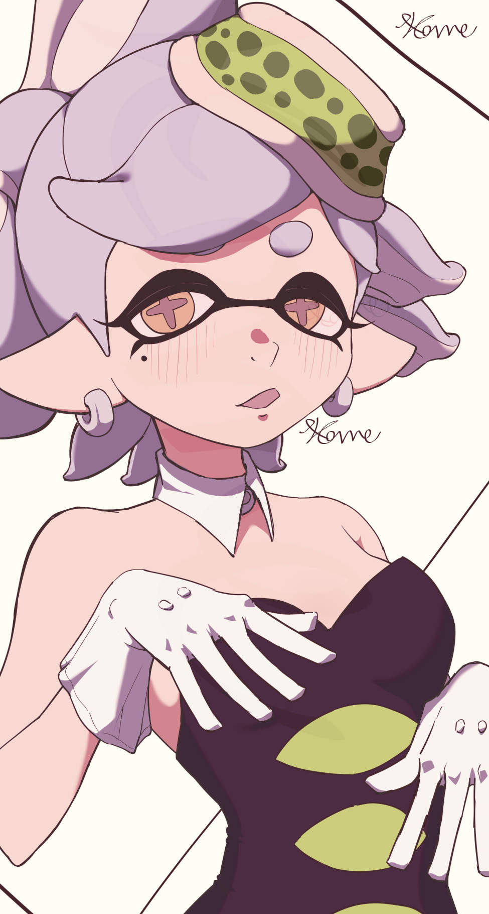 1girl artist_name bare_arms bare_shoulders bow-shaped_hair breasts detached_collar earrings food food_on_head gloves grey_hair half_updo highres hoop_earrings inkling jewelry marie_(splatoon) mole mole_under_eye object_on_head pointy_ears ric_e solo splatoon_(series) swept_bangs tentacle_hair upper_body white_gloves