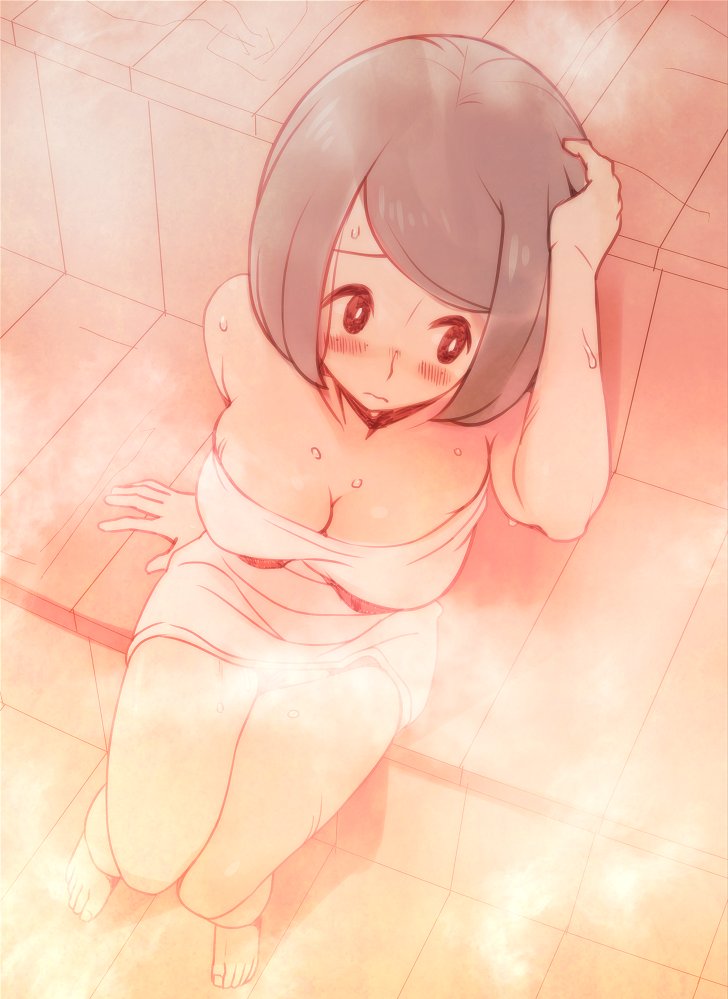 1girl arm_support arm_up bangs barefoot blush breasts bright_pupils cleavage closed_mouth commentary_request ero_kaeru from_above grey_hair lana's_mother_(pokemon) mature_female naked_towel no_sclera pokemon pokemon_(anime) pokemon_sm_(anime) sauna short_hair sitting solo steam sweat toes towel white_pupils