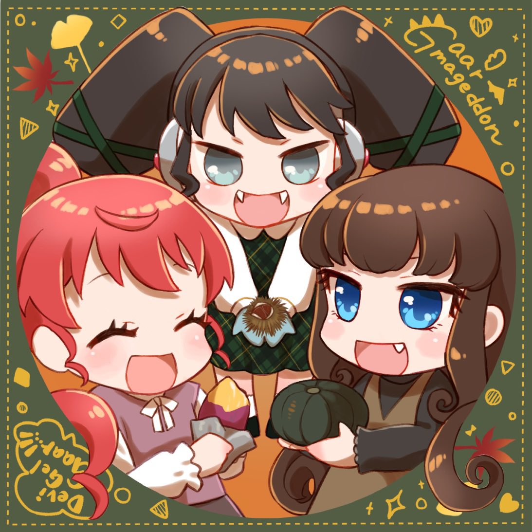 3girls :d ^_^ autumn autumn_leaves black_hair black_shirt blue_eyes border brown_hair chestnut chibi closed_eyes collared_shirt commentary_request dress facing_viewer fang food gaaruru_(pripara) green_border green_dress group_name headphones holding holding_food holding_pumpkin holding_vegetable incoming_food jinno_(jin_c_kkry) kurosu_aroma long_hair long_sleeves looking_at_another looking_at_viewer multiple_girls open_mouth pinafore_dress ponytail pretty_series pripara pumpkin red_hair roasted_sweet_potato round_border shiratama_mikan shirt sidelocks sleeveless sleeveless_dress smile standing sweet_potato twintails vegetable white_shirt yellow_eyes