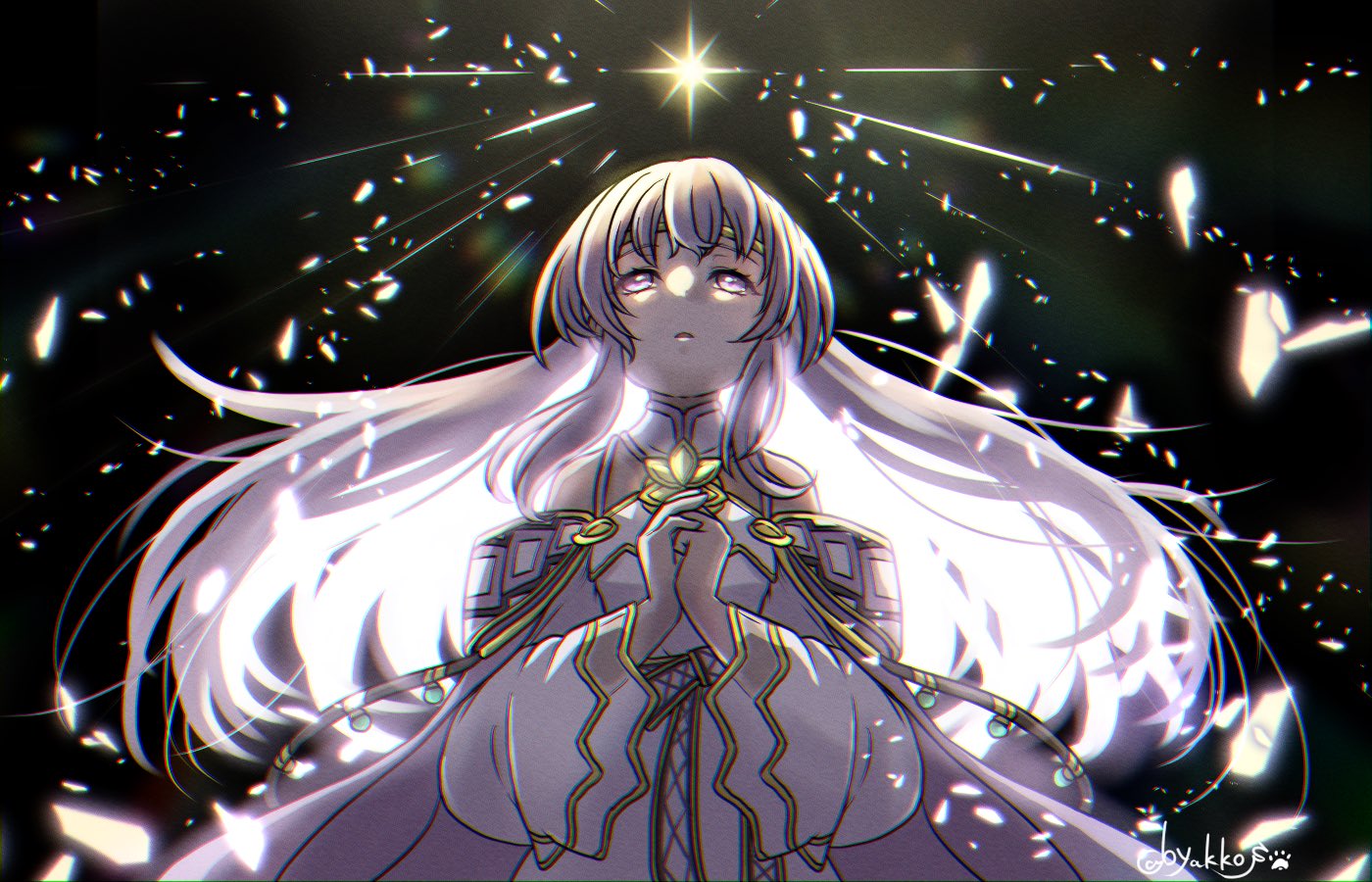 1girl bare_shoulders byakkos circlet dress fire_emblem fire_emblem:_genealogy_of_the_holy_war julia_(fire_emblem) long_hair looking_up open_mouth own_hands_together praying purple_eyes purple_hair solo wide_sleeves