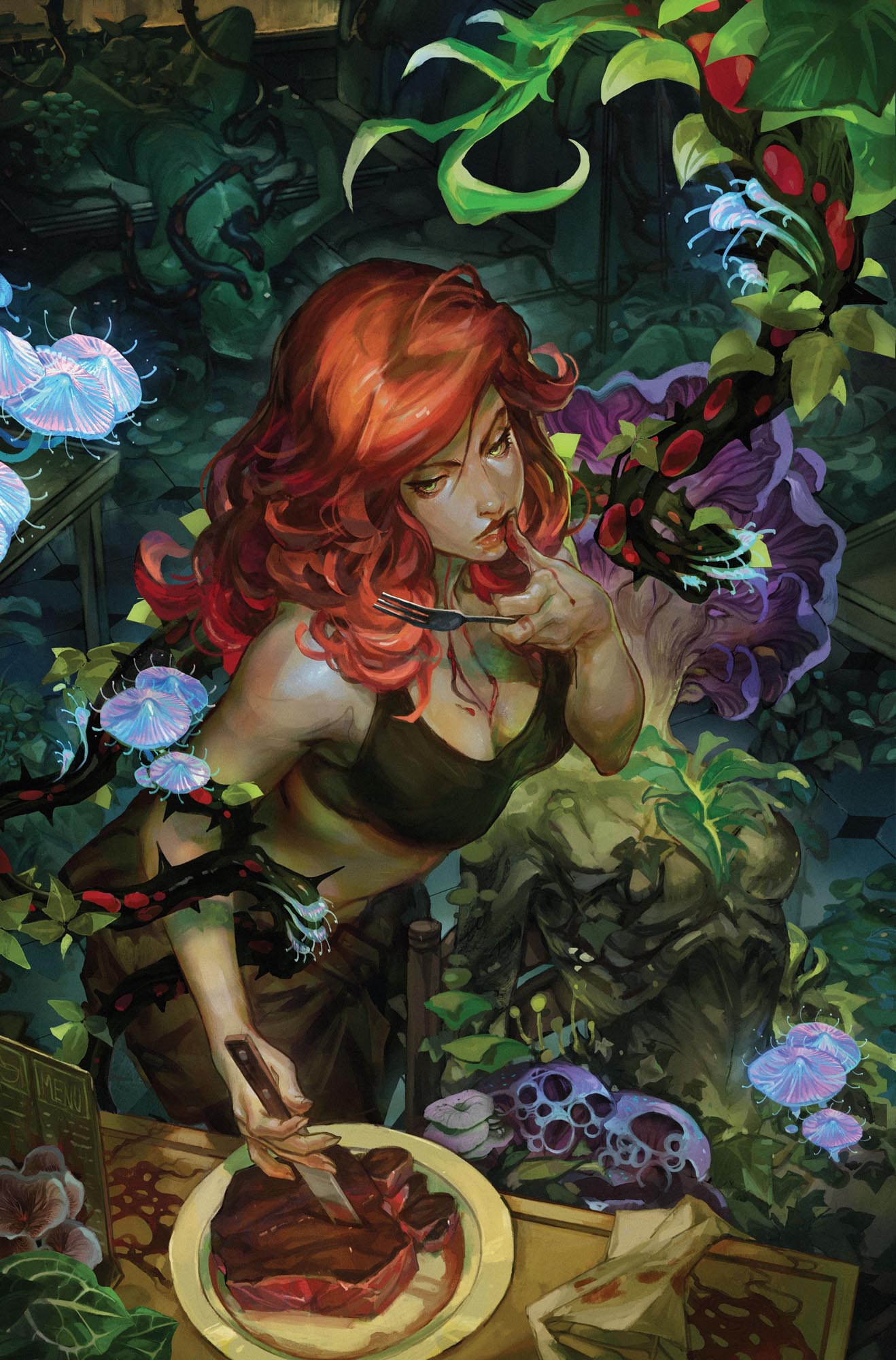 1girl anireal batman_(series) black_bra blood blood_on_hands bra breasts cleavage corpse day dc_comics food forest fork glowing_mushroom green_eyes grey_pants highres holding holding_fork holding_knife knife leaf long_hair looking_to_the_side meat mushroom nature outdoors pants plant plate poison_ivy red_hair solo_focus thumb_to_mouth underwear