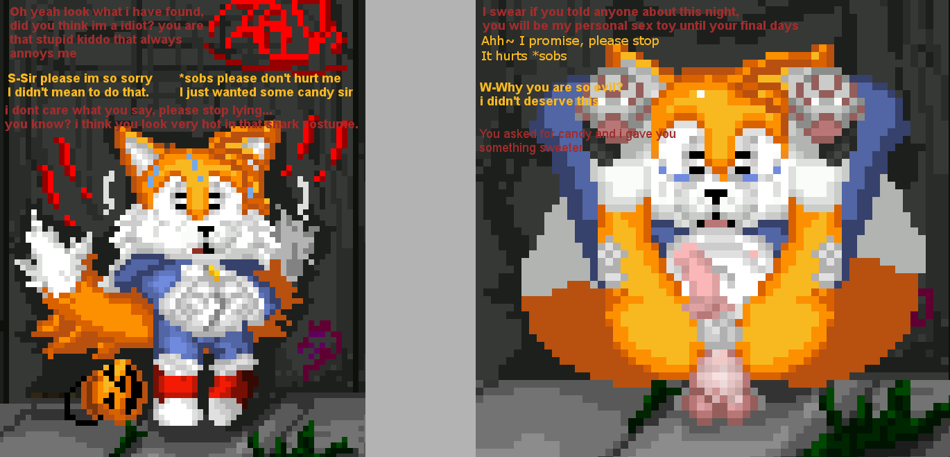 anthro avaa_velvet bodily_fluids canid canine cum cum_on_penis dialogue digital_media_(artwork) duo fox genital_fluids genitals male male/male mammal miles_prower penis pixel_(artwork) sega simple_background sonic_the_hedgehog_(series) the_shen worried