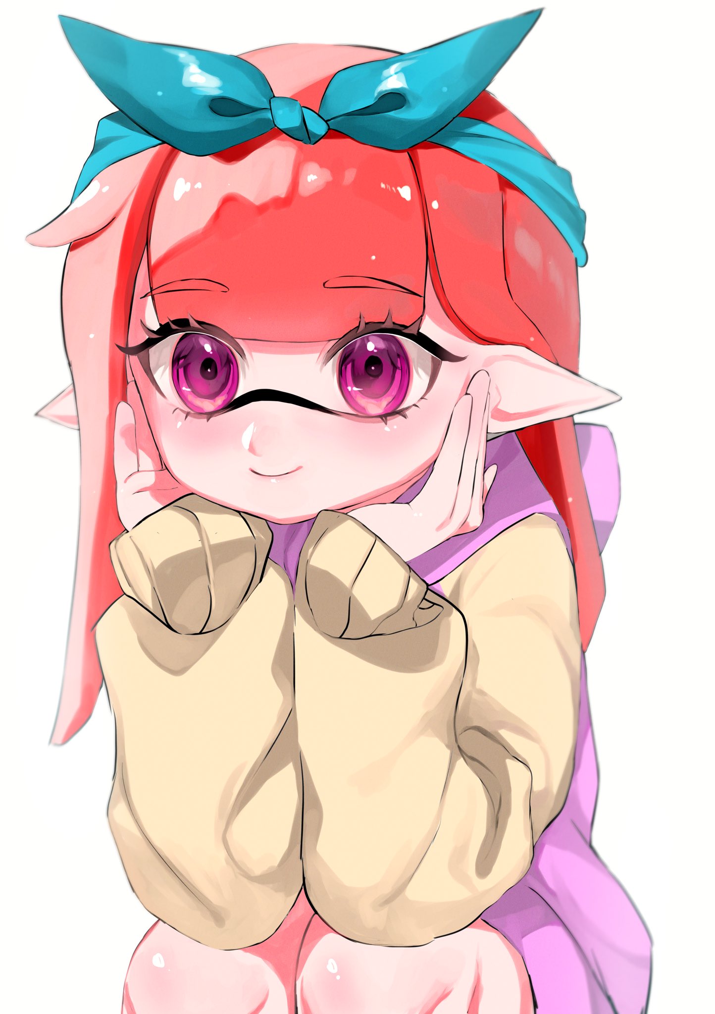 1girl blue_bow blue_hairband bow bow_hairband closed_mouth commentary_request eyelashes hair_bow hairband highres hood hoodie inkling inkling_girl inkling_player_character long_hair looking_at_viewer pink_hoodie purple_eyes red_hair simple_background sleeves_past_wrists smile solo splatoon_(series) squatting tentacle_hair two-tone_hoodie vmux3442 white_background yellow_hoodie