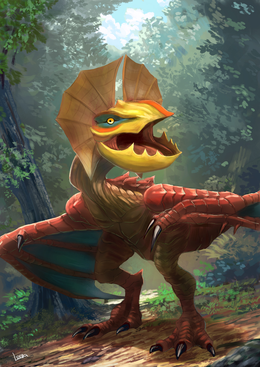 beak bearluxe cloud dirt dragon forest grass highres looking_at_viewer monster monster_focus monster_hunter_(series) nature no_humans open_mouth outdoors red_scales scales sky solo standing tree wings wyvern yellow_eyes yian_kut-ku
