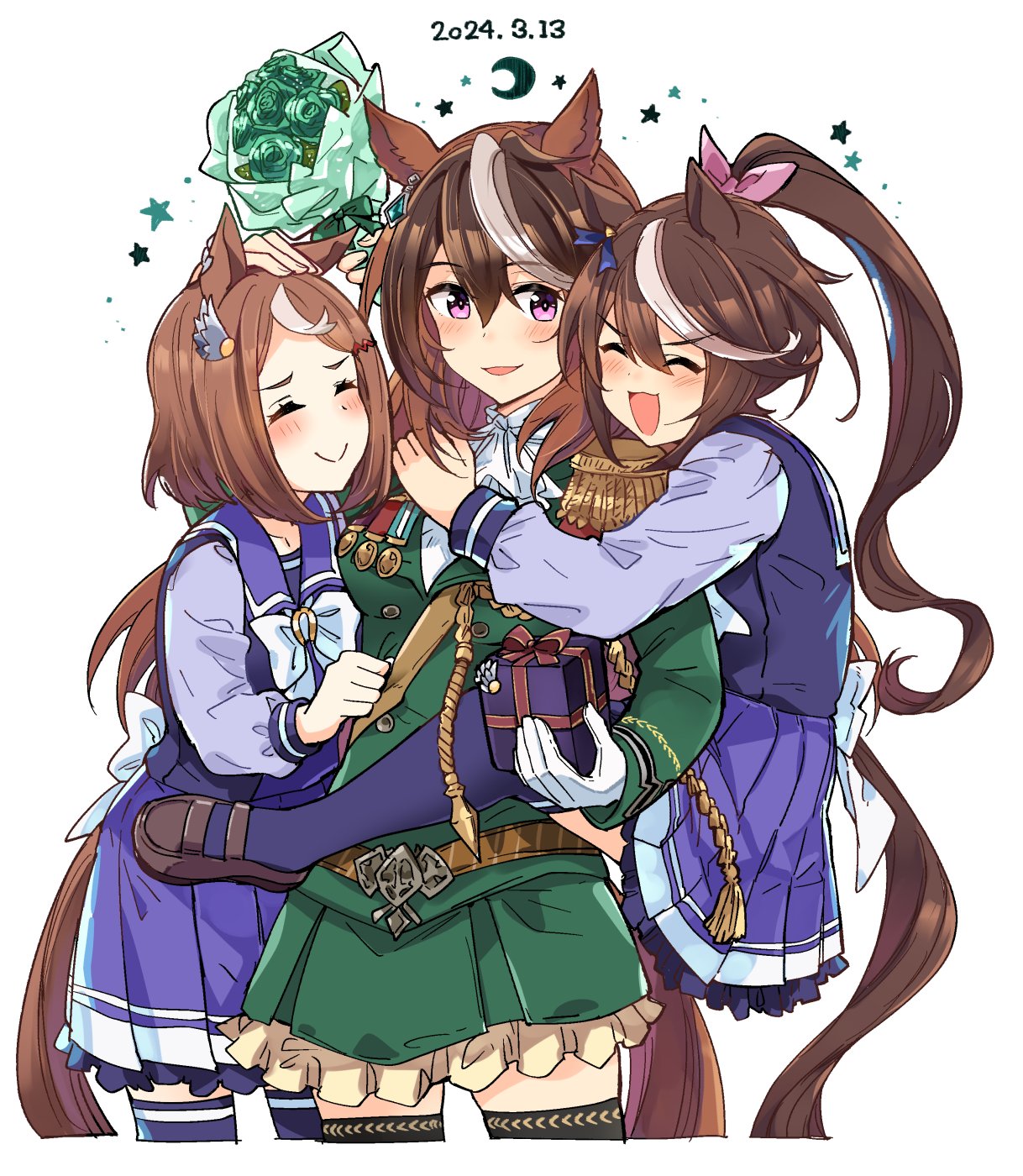 3girls aiguillette animal_ears ascot black_thighhighs blush bow brown_headwear closed_eyes closed_mouth cowboy_shot crescent_moon dated ear_ornament earrings green_jacket hair_between_eyes highres horse_ears horse_girl hug ido_(teketeke) jacket jewelry long_sleeves looking_at_viewer moon multicolored_hair multiple_girls open_mouth pleated_skirt puffy_short_sleeves puffy_sleeves purple_eyes purple_serafuku purple_shirt purple_skirt sailor_collar school_uniform serafuku shirt short_sleeves simple_background single_earring skirt smile streaked_hair symboli_rudolf_(umamusume) thighhighs tokai_teio_(umamusume) tracen_school_uniform tsurumaru_tsuyoshi_(umamusume) umamusume white_ascot white_background white_bow white_hair winter_uniform