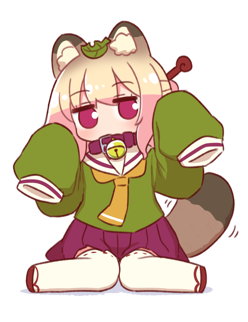1girl animal_ear_fluff animal_ears bell blonde_hair blush brown_collar collar commentary_request full_body green_shirt hair_bun hair_ornament hands_up highres jingle_bell jitome kemomimi-chan_(naga_u) kemonomimi_mode leaf leaf_on_head long_sleeves looking_at_viewer motion_lines naga_u neck_bell necktie orange_necktie original pleated_skirt puffy_long_sleeves puffy_sleeves purple_eyes purple_skirt raccoon_ears raccoon_girl raccoon_tail red_footwear ribbon-trimmed_thighhighs ribbon_trim sailor_collar sandals shadow shirt simple_background sitting skirt sleeves_past_fingers sleeves_past_wrists solo striped_tail tail thighhighs wariza white_background white_sailor_collar white_thighhighs zouri
