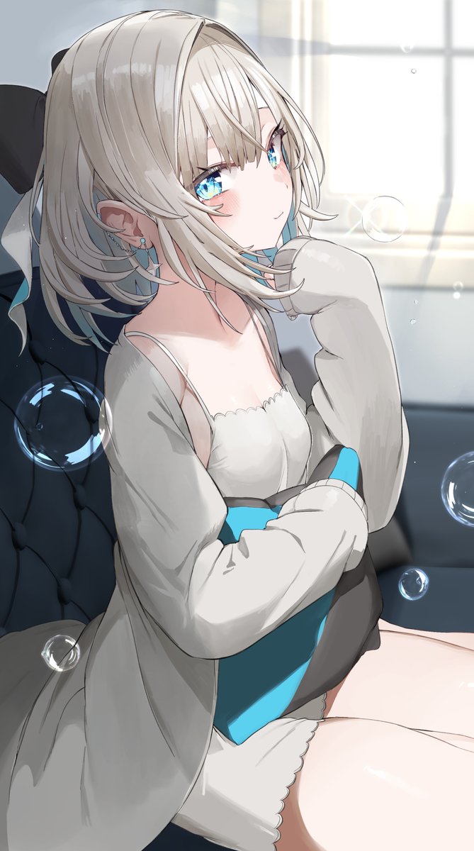 1girl black_bow blue_eyes blurry blurry_background blush bow breasts bubble closed_mouth collarbone commentary_request day depth_of_field dress grey_hair grey_jacket hair_between_eyes hair_bow hair_intakes hand_up highres holding holding_pillow indoors itoi_toi_(neo-porte) jacket kamioka_shun'ya long_hair long_sleeves looking_at_viewer neo-porte open_clothes open_jacket pillow ponytail sitting sleeveless sleeveless_dress sleeves_past_wrists small_breasts solo sunlight virtual_youtuber white_dress window yokozuwari